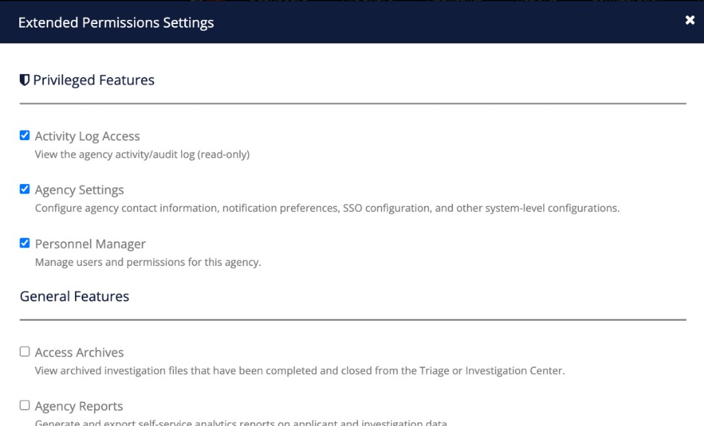 Extended Permissions Settings dialog with a Privileged Features section containing Activity Log Access, Agency Settings, and Personnel Manager checkboxes, above a General Features section.