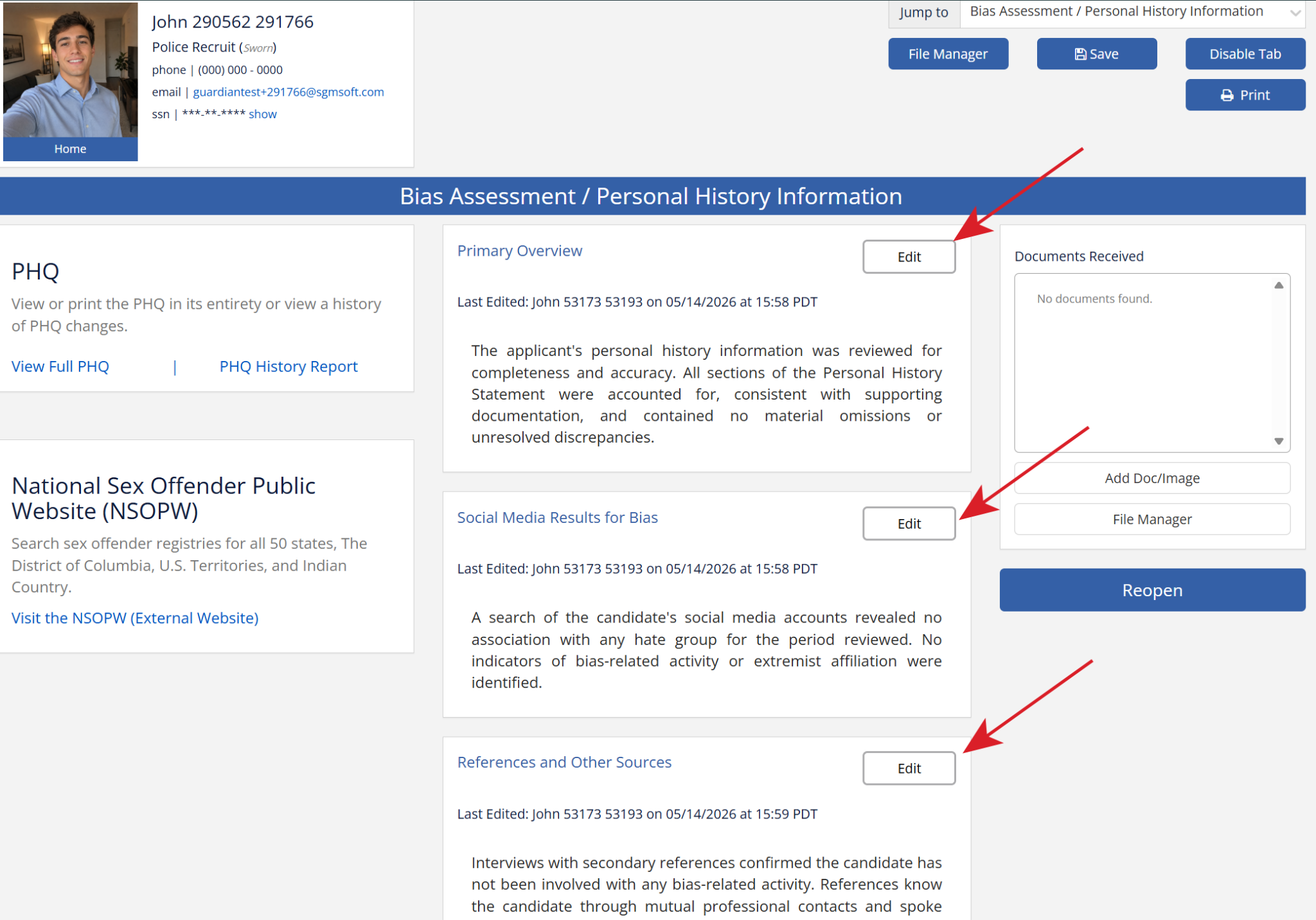 Investigation workspace for Bias Assessment / Personal History Information with separate narrative cards for Primary Overview, Social Media Results for Bias, and References.