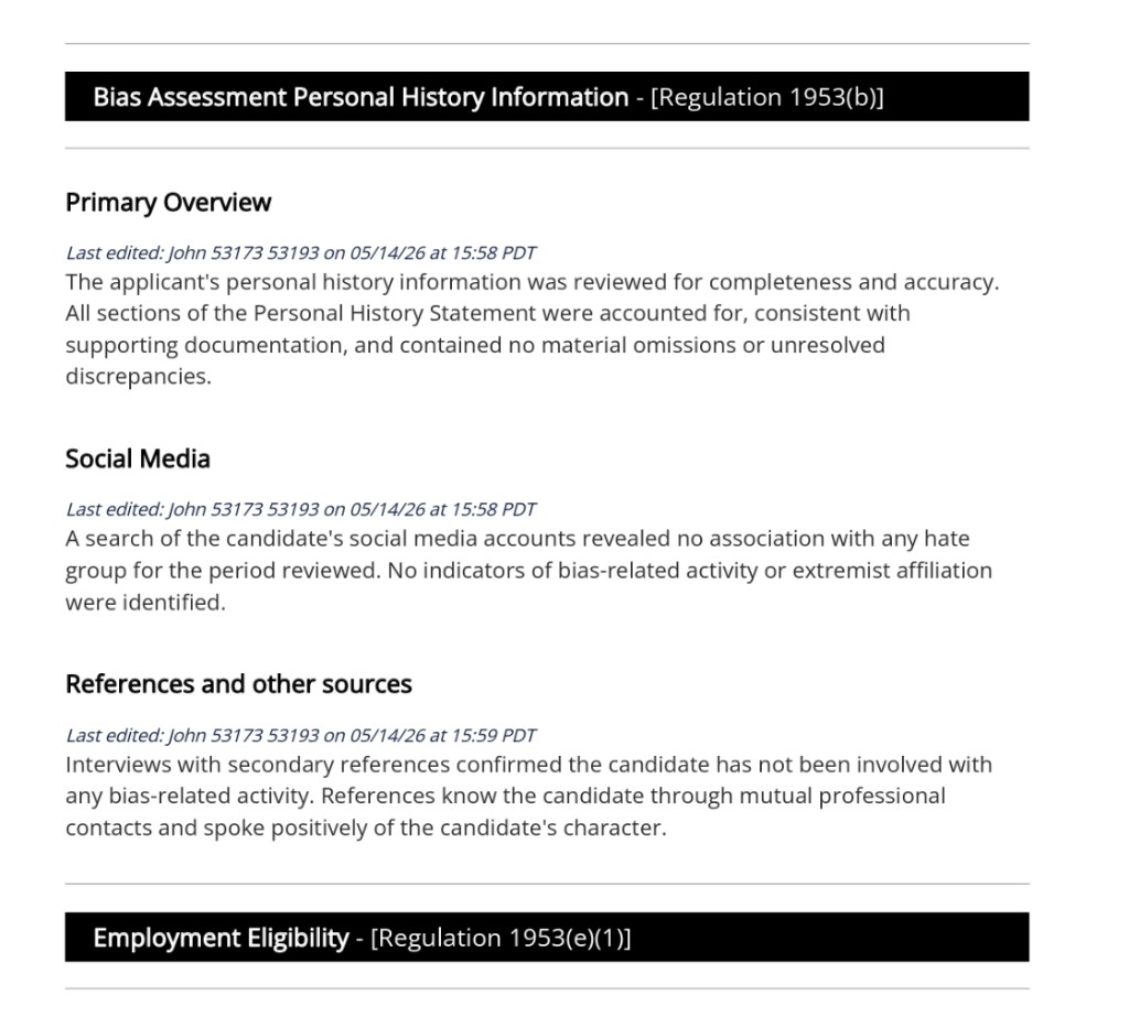 ID Report narrative showing California POST–style section headers: Bias Assessment / Personal History Information with Primary Overview, Social Media, and References subsections, followed by Employment Eligibility.