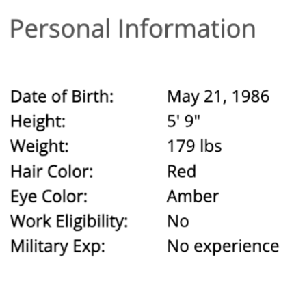 Applicant Personal Information panel showing Date of Birth, Height, Weight, Hair Color, Eye Color, Work Eligibility, and Military Experience with their values.