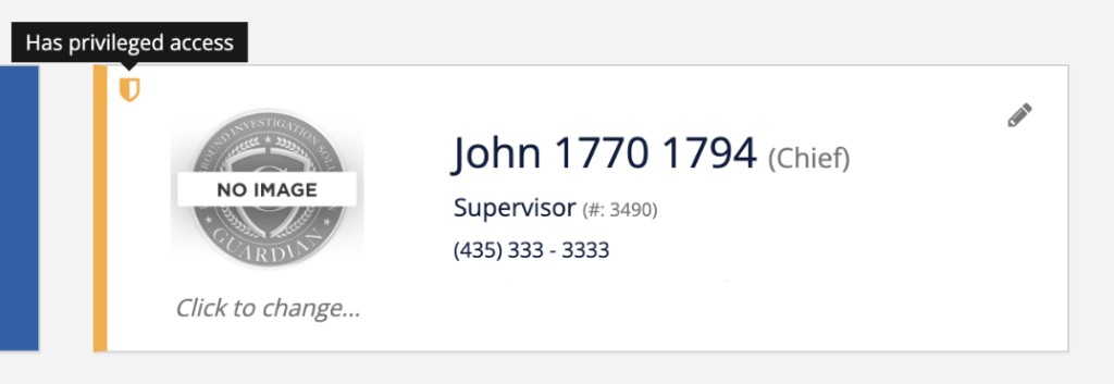 A Personnel Manager user card for a Supervisor showing a yellow-orange bar and shield icon, with a 'Has privileged access' tooltip.