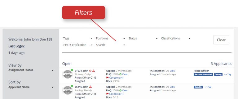 Investigator Dashboard filters