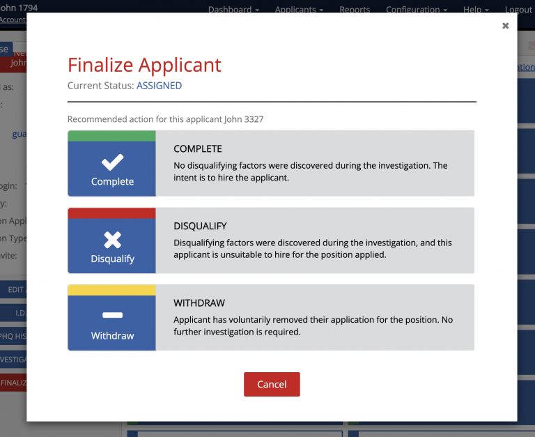 Finalize Applicant modal with Complete option