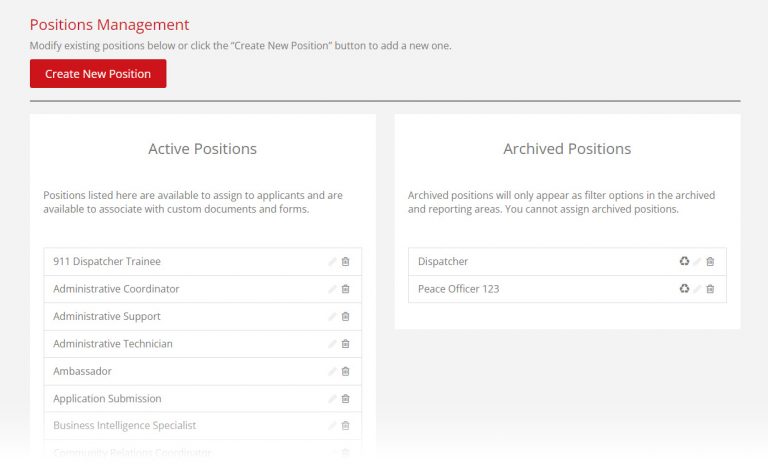 Positions Management screen