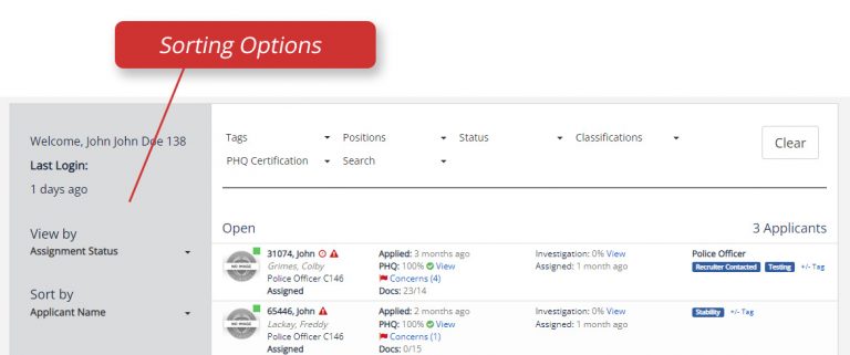 Investigator Dashboard sorting options