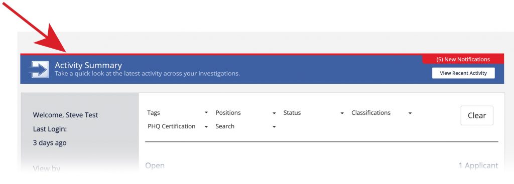 Activity Summary bar in the Investigator Dashboard