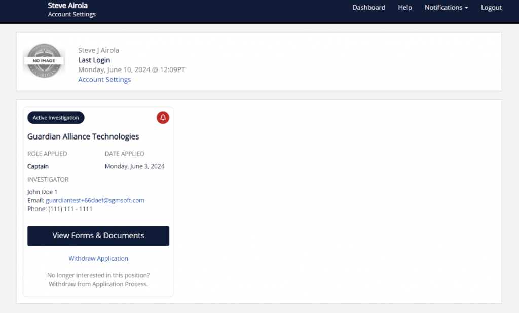 Applicant Portal dashboard screen