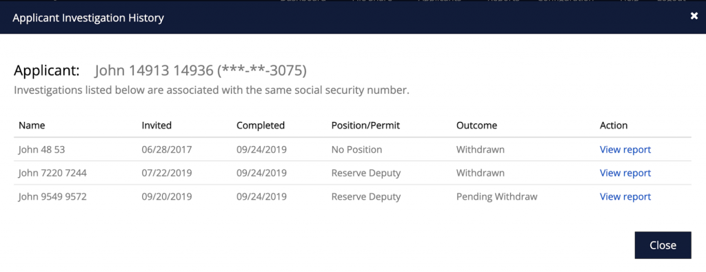 Applicant investigation history modal