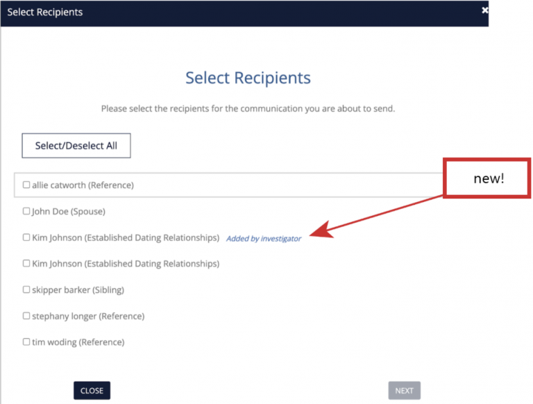 Investigator-added contact label in recipient selection