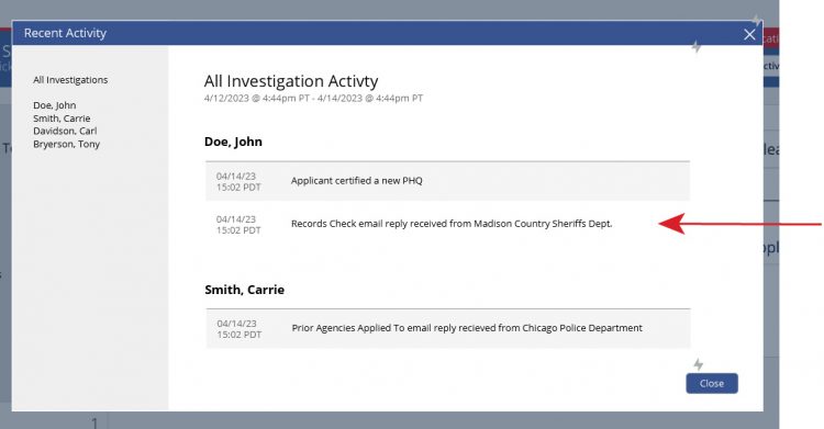 Investigation Journal agency check email response